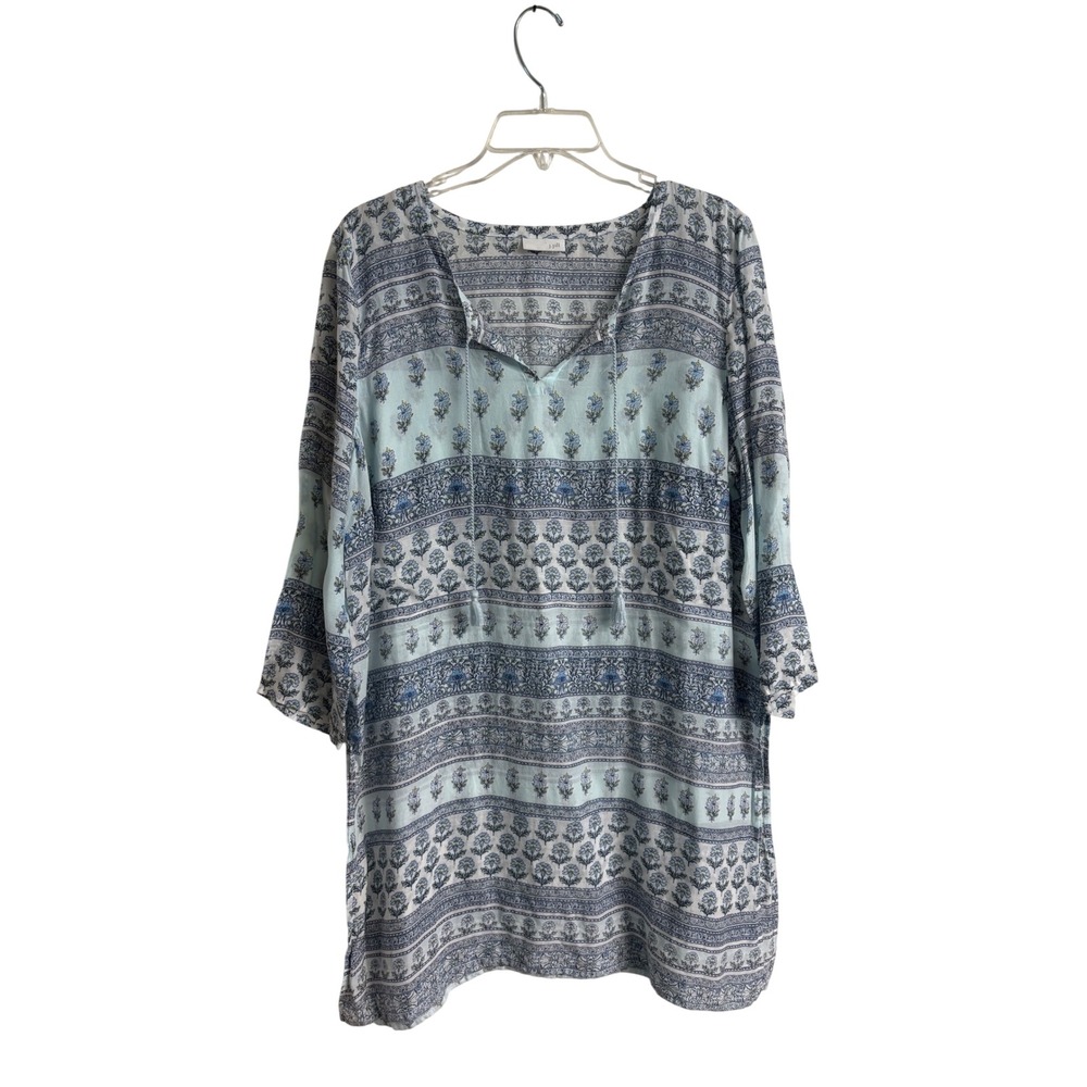 J. Jill Blue Floral Print Tunic Top Tassel V-Neck Boho Peasant 3/4 Sleeve L